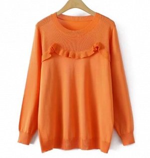 Пуловер из тонкого трикотажа с круглым вырезом и декор. воланом, оранжевый