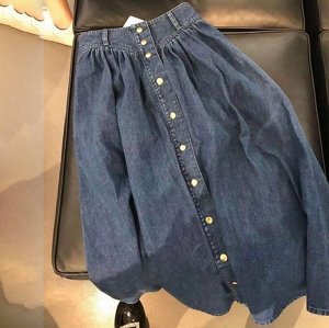 Джинсовая юбка-трапеция на пуговицах, темно-синий