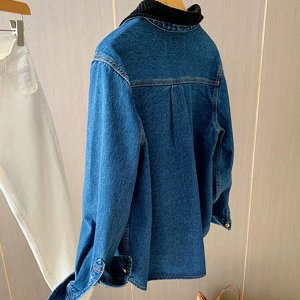 Женская джинсовая куртка-рубашка с накладными карманами, синий