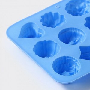 Форма силиконовая для выпечки Доляна «Немецкий кекс, роза», 16x21 см, 12 ячеек, цвет голубой