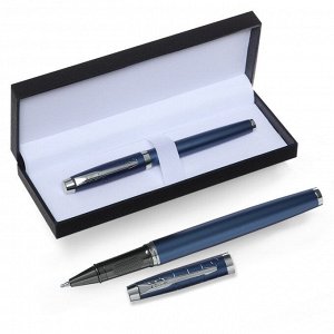 Ручка подарочная роллер, в кожзам футляре, корпус синий, серебро