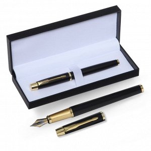 Ручка подарочная перьевая в кожзам футляре ПБ JT, корпус матовый черный/золото