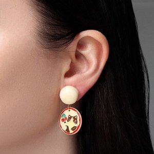 Серьги пластик «Котик» с вишней, цветные в серебре