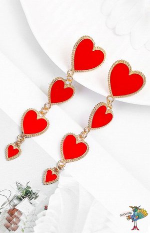 Серьги Сердца красные, фурнитура цвет серебро, длина 16 см