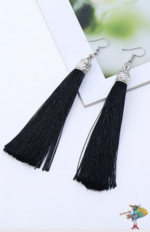 Серьги кисти Черные, серебряная фурнитура, 8,0 см.