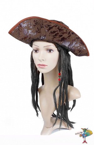 Шляпа Треуголка пиратского капитана, текстиль, мягкая, с волосами и бусинами