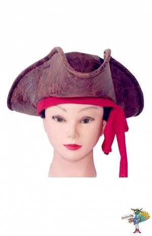 Шляпа Треуголка пиратского капитана с красной повязкой,  текстиль, мягкая