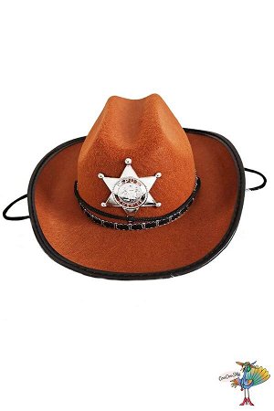 Шляпа ковбойская Шериф коричневая, фетр р-р S ог 54-56 см