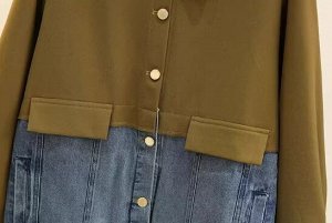 Бомбер комбинированный с джинсой, с острым воротником, на пуговицах, зеленый