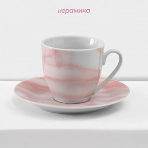 Набор керамической посуды Доляна «Мрамор», 24 предмета: тарелки d=19/21/24 см, чайная пара 200 мл, цвет розовый
