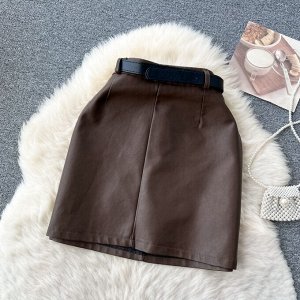 Женская мини юбка из экокожи, цвет коричневый