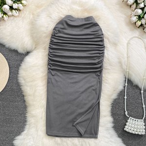 Женская юбка миди с разрезом, цвет серый
