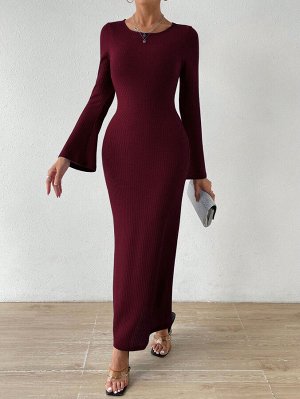 Женское платье с длинным рукавом и открытой спиной, цвет бордовый