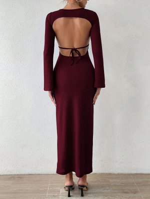Женское платье с длинным рукавом и открытой спиной, цвет бордовый