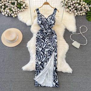 Женское платье с разрезом, цвет серый, принт "леопардовый"