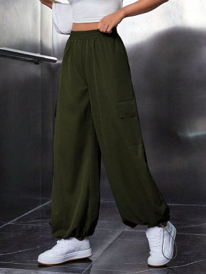 Женские широкие штаны на затяжках, цвет темно-зеленый