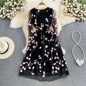 Женское платье с длинным рукавом, цвет черный, принт "цветы"