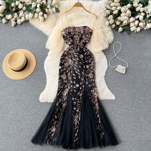Женское платье с пайетками, цвет бежевый/черный