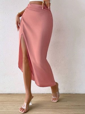 Женская юбка миди с разрезом, цвет розовый