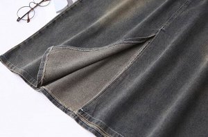 Юбка-карандаш джинсовая с карманами средней длины, пояс на резинке, серо-синий