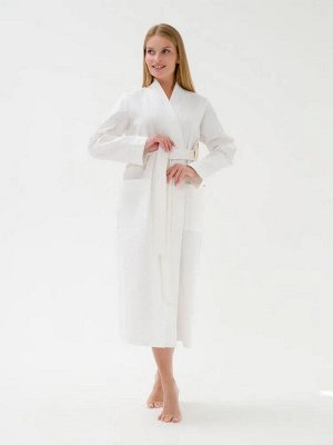 Женский вафельный халат с планкой Отель, длинный с карманами, цвет белый