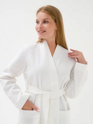 Женский вафельный халат с планкой Отель, длинный с карманами, цвет белый