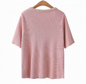 Трикотажная футболка в рубчик, горловина декорирована бисером, розовый