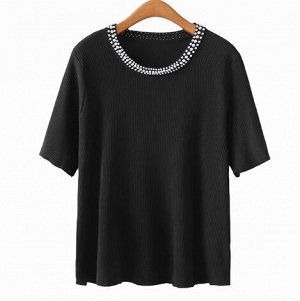Трикотажная футболка в рубчик, горловина декорирована бисером, черный