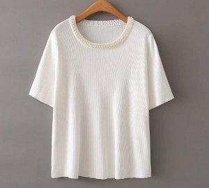 Трикотажная футболка в рубчик, горловина декорирована бисером, белый