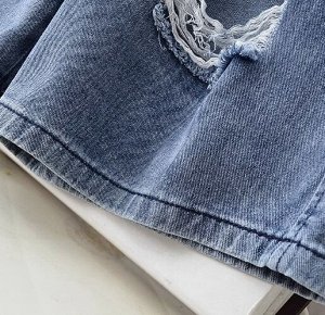 Шорты джинсовые свободные "рваные", пояс на резинке, синий