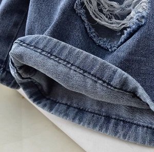 Шорты джинсовые свободные "рваные", пояс на резинке, синий