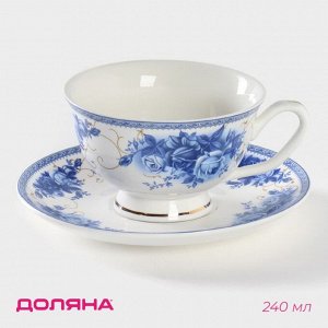 Чайная пара Доляна «Аззурро», 2 предмета: чашка 240 мл, блюдце d=15.2 см, фарфор, белая