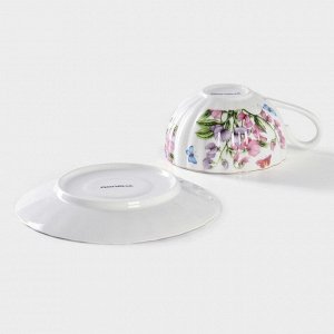 Чайная пара керамическая Доляна «Колокольчики», 2 предмета: чашка 250 мл, блюдце d=15 см, цвет белый
