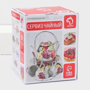 Сервиз чайный керамический на металлической подставке Доляна «Горох»,13 предметов на подставке: 6 чашек 210 мл, 6 блюдец - d=14 см, чайник 950 мл, цвет красный