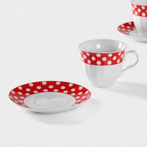 Сервиз чайный керамический Доляна «Горох», 4 предмета: 2 чашки 210 мл, 2 блюдца d=14 см, цвет красный