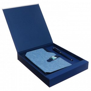 Органайзер на кольцах А6+, 80 листов, кожзам, c хлястиком, линия, с ручкой, в подарочной коробке, синий