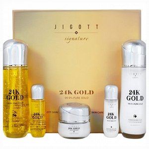 Набор средств для лица  с 24к золотом Jigott Signature 24K Gold Essential Skin Care 3SET  (тонер, эмульсия, крем для лица)