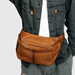 Мужская поясная сумка из натурал. кожи, вместительная, темно-коричневый