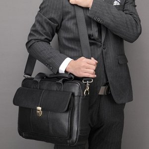 Мужская деловая сумка-портфель в стиле ретро, из натурал. кожи, вместительная, черный