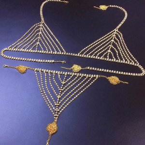 Женский набор украшений на тело (лифчик + трусики, цвет золотистый, со стразами) бижутерия