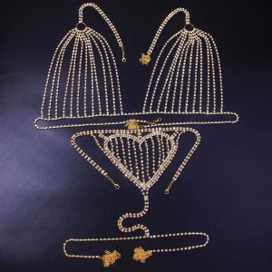 Женский набор украшений на тело (лифчик + трусики, цвет золотистый, со стразами) бижутерия