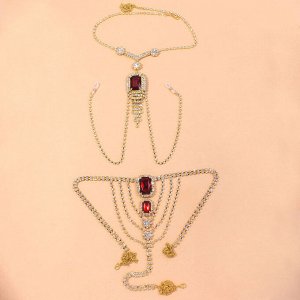Женский набор украшений на тело (цепочка с зажимами для сосков + трусики, цвет золотистый, со стразами) бижутерия