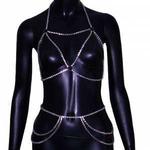Женский набор украшений на тело (лифчик + цепочка на талию, цвет серебристый, со стразами) бижутерия