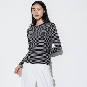 UNIQLO - лонгслив из ребристого хлопкового материала в полоску - 09 BLACK