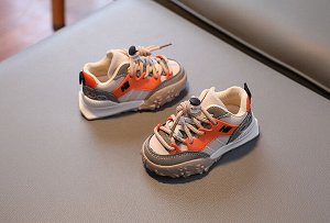 Кроссовки детские с затягивающейся шнуровкой, бежевые с оранжевым