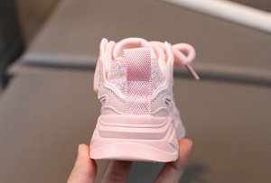 Кроссовки для девочек на шнурках, розовые с белым и декором