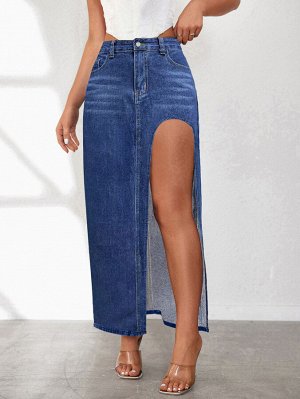Женская длинная джинсовая юбка с карманами и вырезом спереди, цвет синий