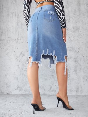 Женская джинсовая миди-юбка с карманами, разрезом спереди и рваным подолом, цвет голубой