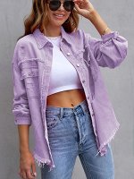 Женская джинсовая куртка с длинными рукавами, карманами и потёртостями, на пуговицах, цвет светло-фиолетовый