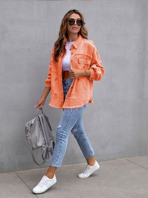 Женская джинсовая куртка с длинными рукавами, карманами и потёртостями, на пуговицах, цвет оранжевый